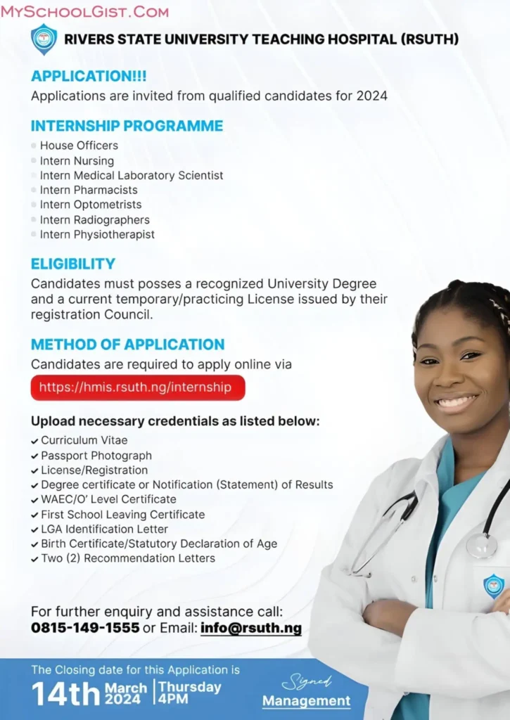 RSUTH Internship 2024: Opportunities for House Officers, Nurses & More